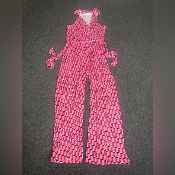 Diane Von Furstenberg Target Collared Sleeveless Pink Geo Jumpsuit Size Med. - Picture 3 of 9
